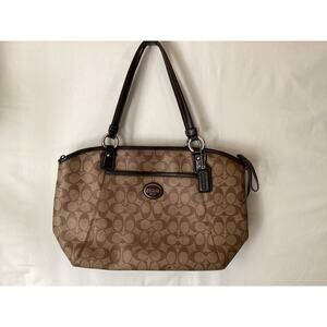 COACH Tan/Brown Signature Canvas Shoulder bag w/leather trim and silver tone acc